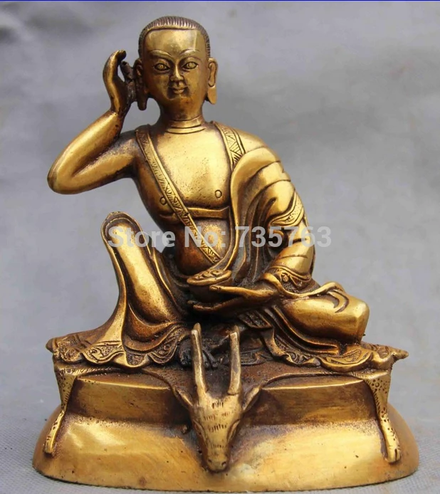 

001241 China Buddhism fane brass Arhat copper spotted deer Head Milarepa Buddha Statue