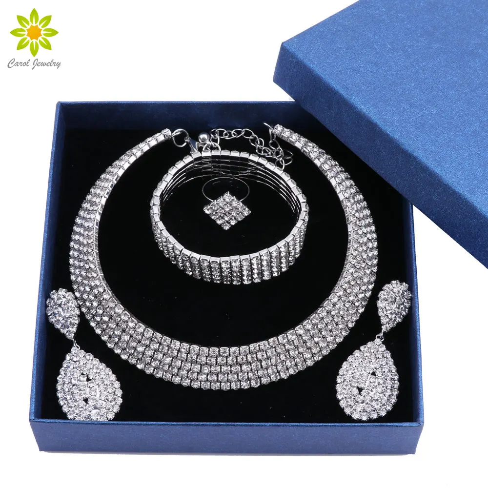 Crystal Bridal Jewelry Sets Rhinestone Necklace Earrings Bracelet Ring ...