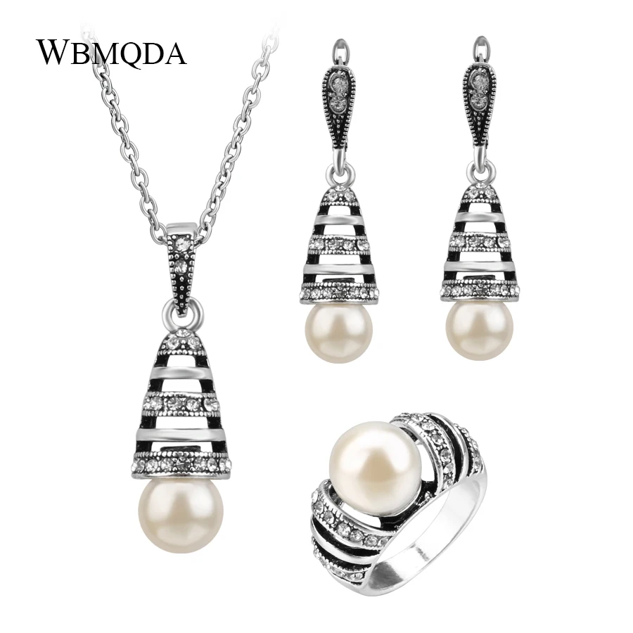 

3Pcs/lot Elegant Silver Pearl Bridal Jewelry Sets Vintage Crystal Necklace Ring Earrings For Women Minimalist Bulgaria Jewellery