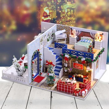 

Wedding Gifts Miniature DIY Puzzle Toy Doll House Model Wooden Furniture Building Blocks Toys Birthday Gifts PINK LOFT VILLA