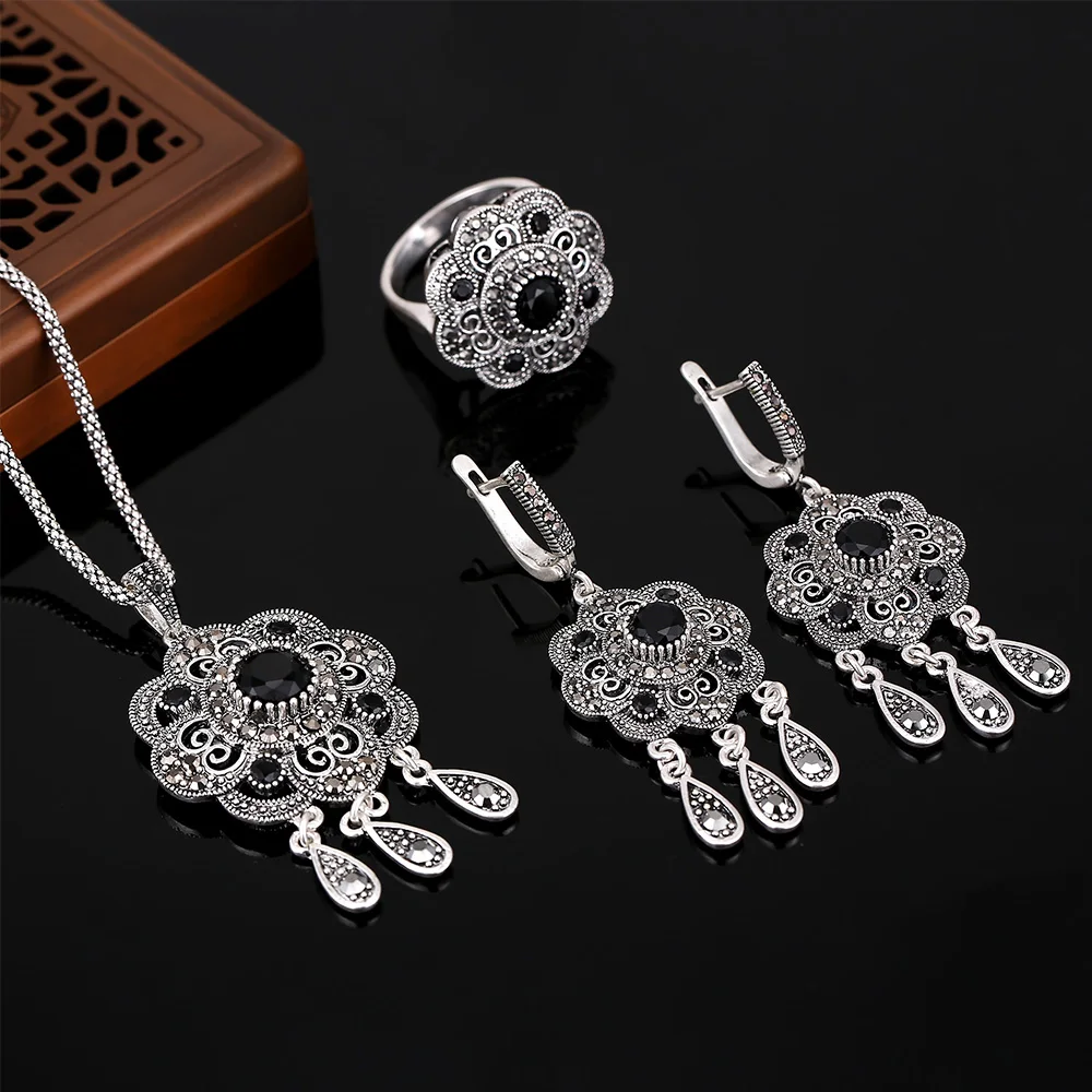 HENSEN Vintage Turkish Jewellery Antique Silver Plated Fashion Black Rhinestone Flower Jewelry Sets For Women