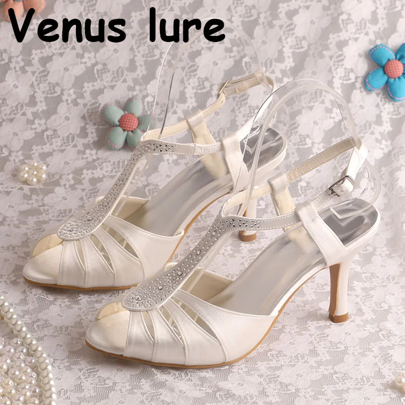 Cream Satin Shoes Sandals Party with Crystals Open Toe Summer Shoes Thin Heel