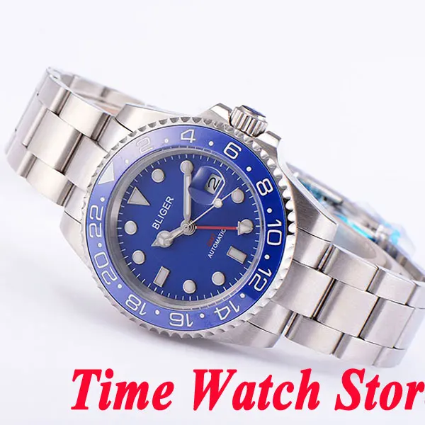Bliger 40mm blue dial date magnifier luminous saphire glass GMT