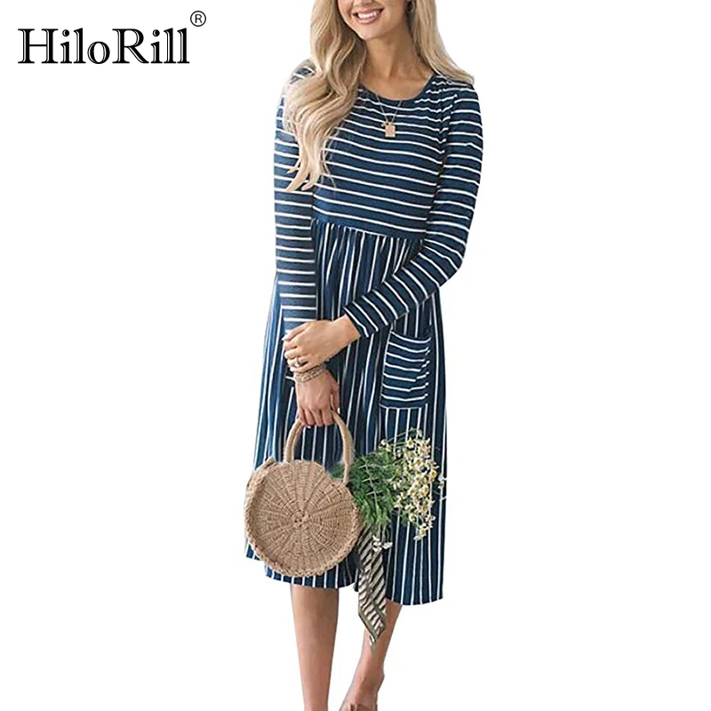 

Women Dress 2019 Spring Summer Long Sleeve Striped Casual Dress Knee-Length O-Neck Polka Dot Holiday Party Dress Robe Ete Femme