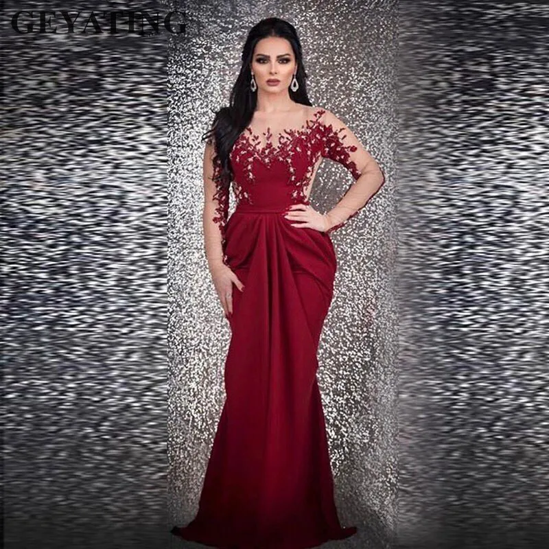 

Arabic Long Sleeves Mermaid Burgundy Evening Dress 2019 Kaftan Dubai Formal Party Gowns Beaded Prom Dresses Robe De Bal Longue