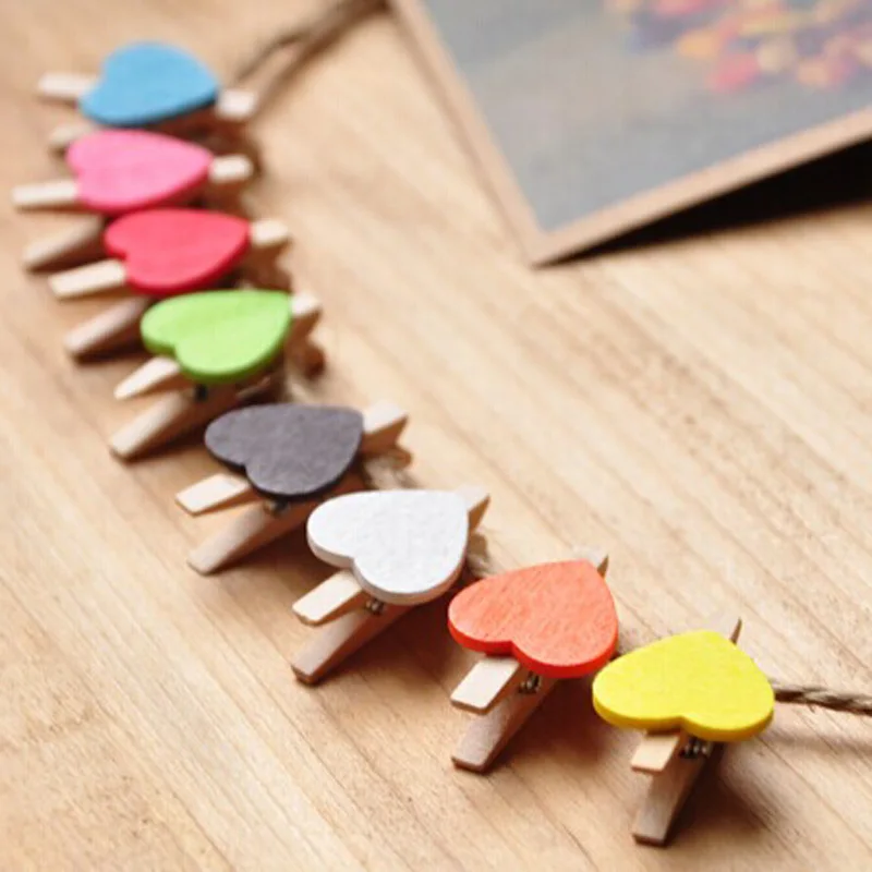 

50pcs Mini Colorful Heart Wood Clip Office Supplies Photo Memo Wooden Peg Pin DIY Craft Postcard Decoration Clips 10 Colors Mix