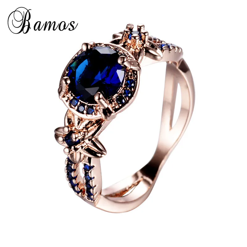Bamos винтажные модные однотонный цвет розовое золото синий 5A циркониевые CZ кольцо Очаровательные Цветочные украшения свадебные кольца с камнем рождения для Для женщин RY0333