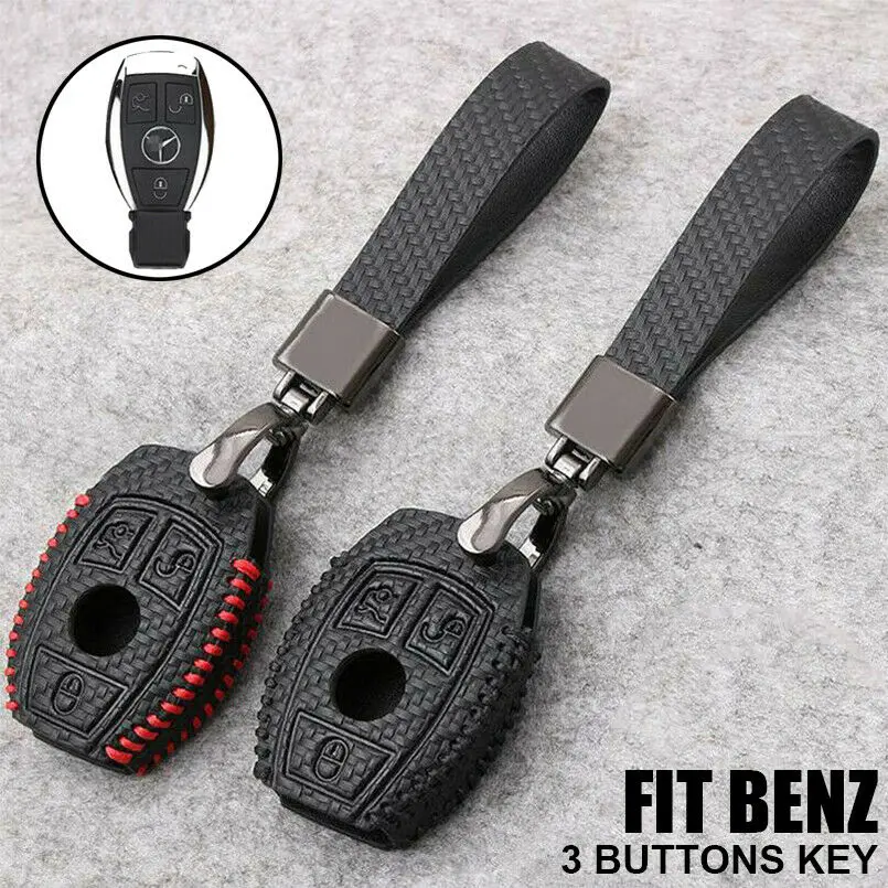 

1Pc Carbon Fiber Leather Car Key Shell Bag Cover with Keychain For Mercedes Benz