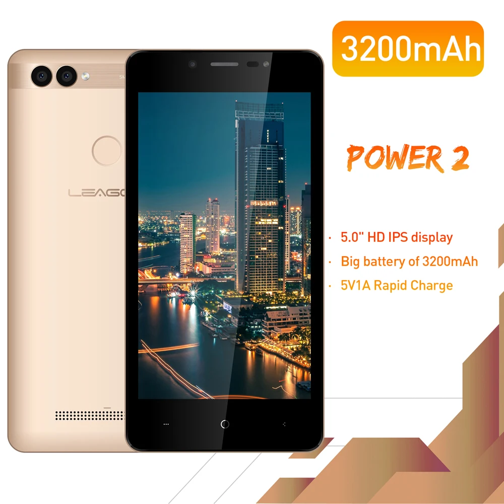 Дешево Смартфон LEAGOO POWER 2 Face ID со сканером отпечатков пальцев, 2 ГБ + 16 ГБ, двойная камера, 3200 мАч, Android 8,1 MT6580A, четырехъядерный, 5,0 дюйма, HD мобильный тел...