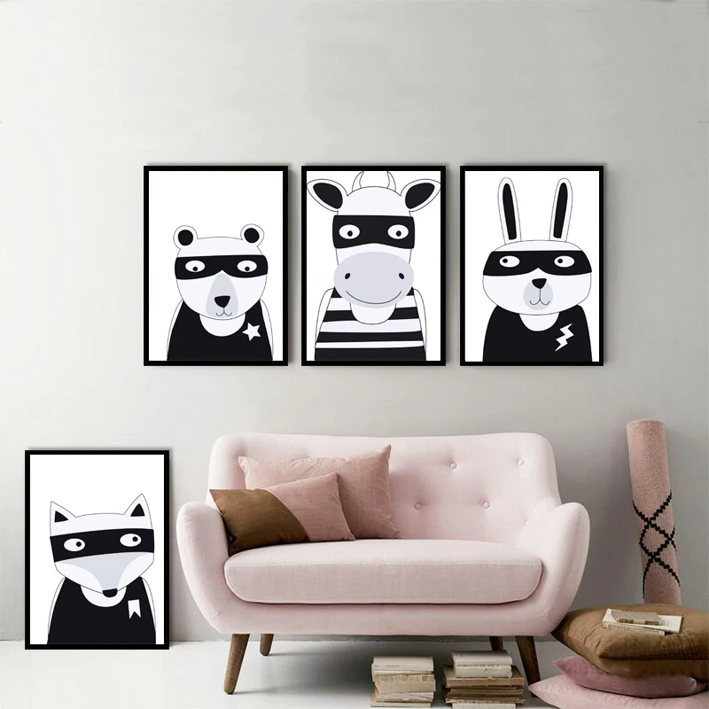 

RELIABLI ART Black and White Cartoon Animal Rabbit,Cow,Bear Canvas Art Modern Pictures Nordic Poster For Living Room,Baby's Room