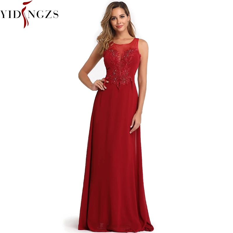 

YIDINGZS Chiffon Formal Brimdesmaid Dress See-through Appliques Beading Long Wedding Party Dress