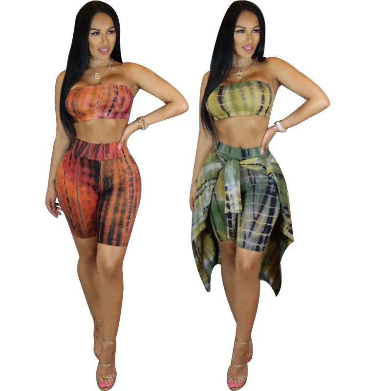

Wantmove 2019 new summer women three-piece sexy gradient wrapped chest lumbar top shorts long sleeve clock three-piece WM689