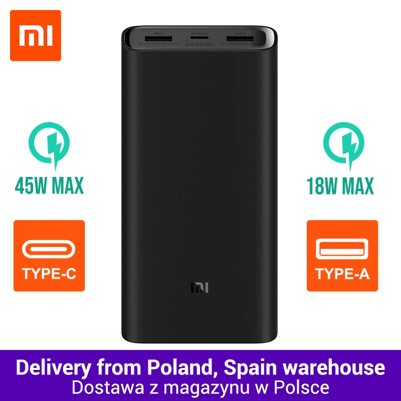 

20000mAh Xiaomi Power Bank 3 Mi Power Bank 20000 mAh Pro PLM07ZM with Triple USB Output USB-C 45W Two-way Quick Charge