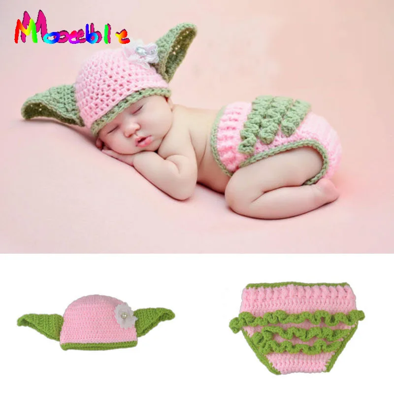 

Crochet Newborn Baby Girl Yoda Outfits Infant Girl Photography Props Knitted Baby Winter Hat&Diaper Set Pink&Green MZS-16038