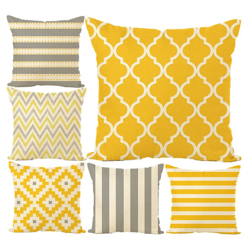 

Modern Sofa Cushion Yellow Grey Cotton Linen Decorative Throw Pillowcase Plaid Geometry Printed Bedding Home Car Bed Decor 45x45