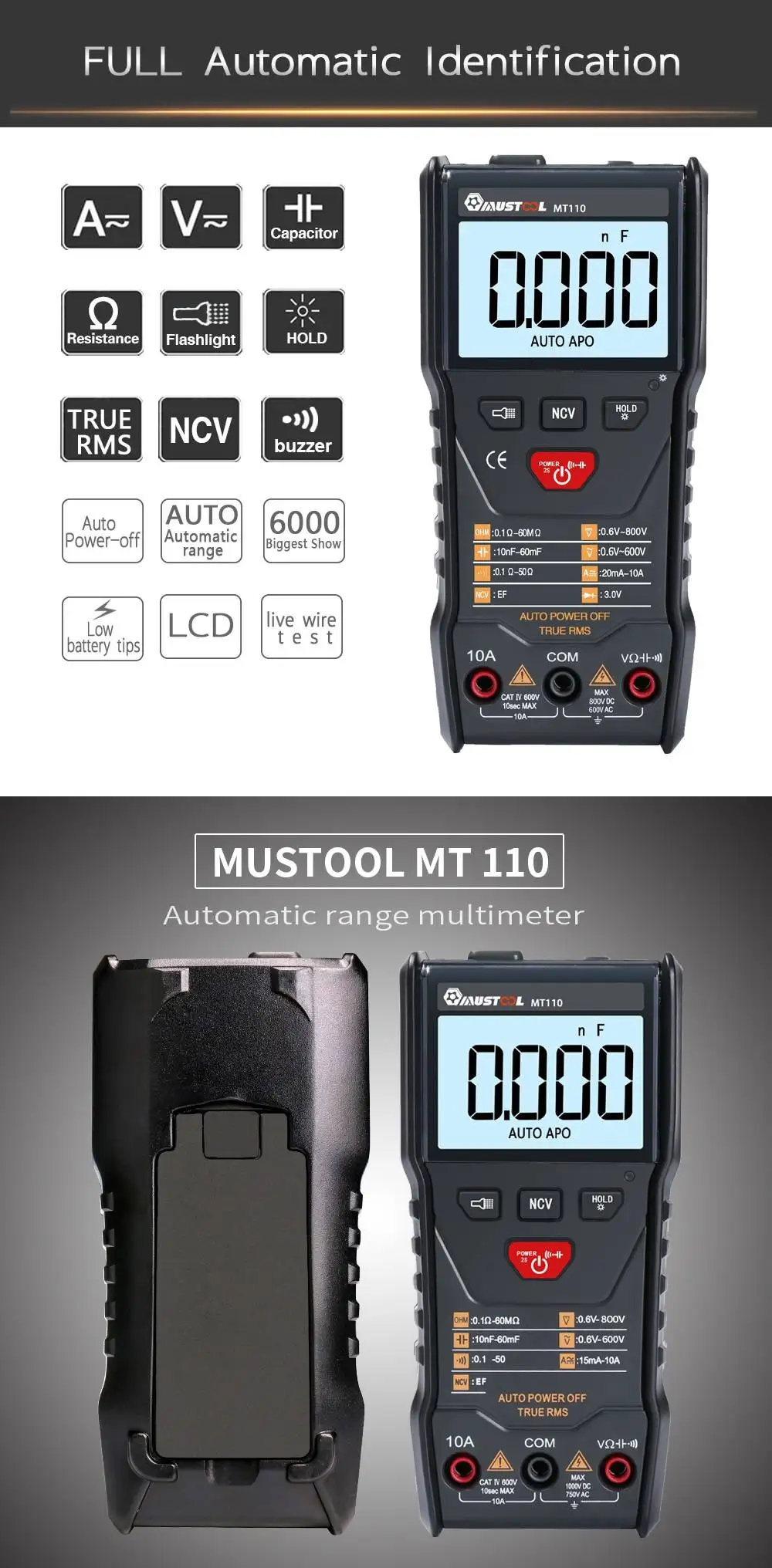 MUSTOOL MT110 автоматический измерительный мультиметр True RMS цифровой 6000 отсчетов мультиметр+ DC800V+ Удержание данных+ Подсветка+ NCV/супер яркий