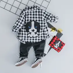 Комплекты одежды для маленьких мальчиков и девочек хлопковая клетчатая рубашка с рисунком собаки + джинсовый костюм на весну-осень, Одежда