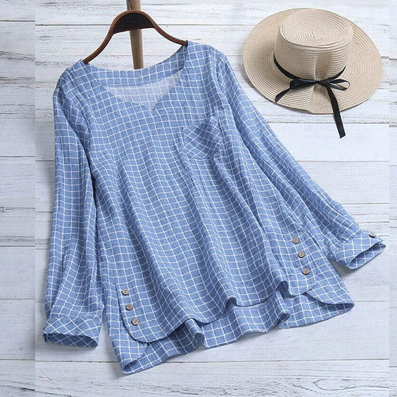 

Female Women Button Pocket V-neck Plaid Casual Plain Check Cotton Linen Shirt Loose Long Sleeve Blouse Tops Plus Size S-5XL