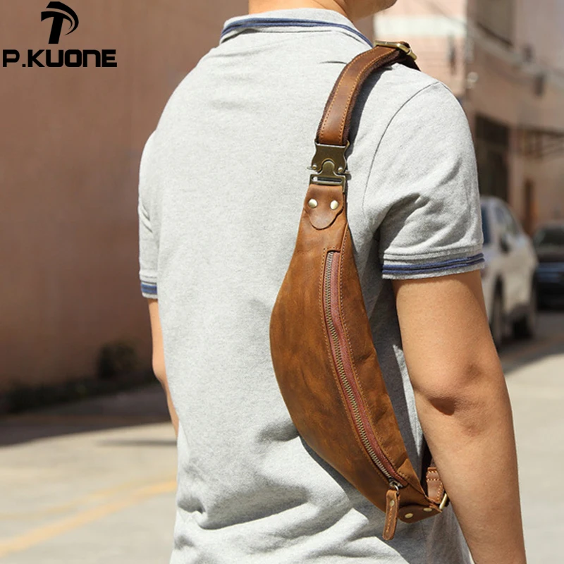 P. Kuone натуральная Crazy Horse кожа сумки на пояс для мужчин Путешествия Fanny Pack 120 см