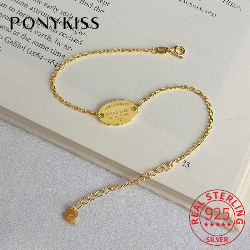 

PONYKISS Real 925 Sterling Silver Letter Golden Geometric Charm Bracelets For 2019 Fashion Women Party Trendy Accessory Gift