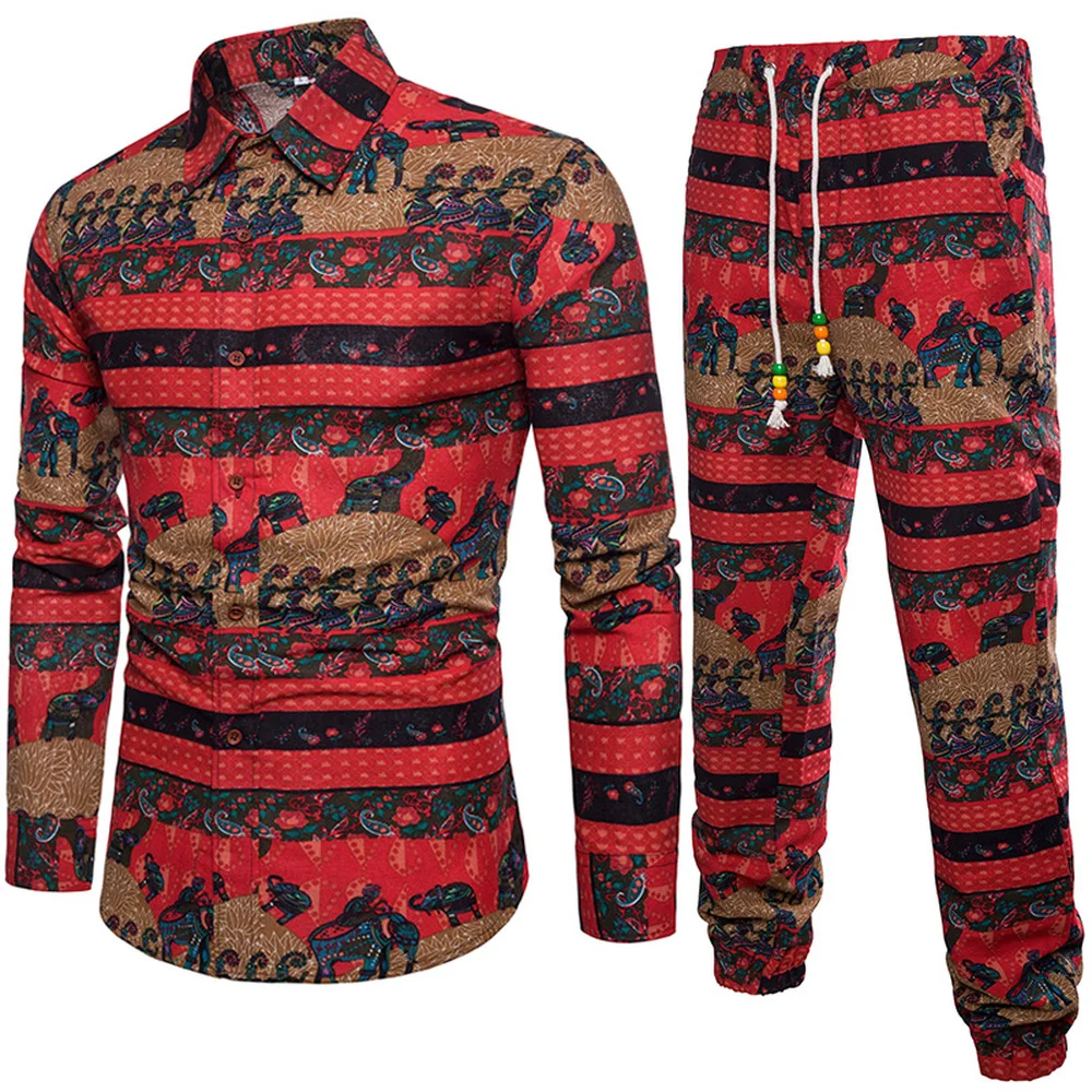 

Floral Printing Style Men's Floral 2pcs sets Flower Long Sleeve Shirts+Vintage pants Breathable Beach Bohemia Plus Size 5XL