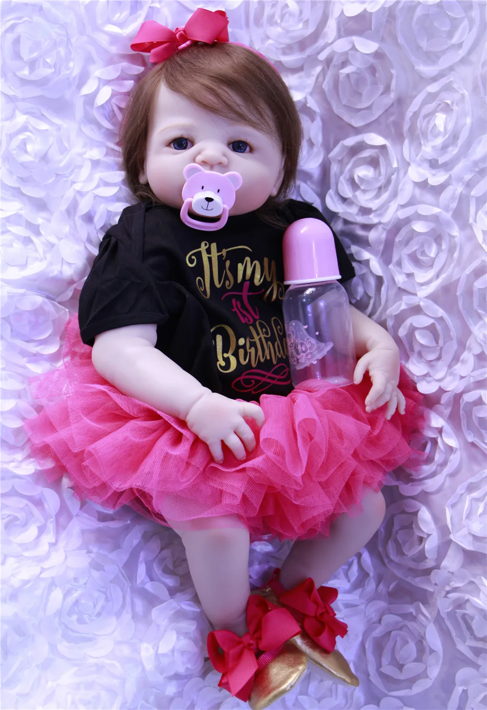 

Full silicone reborn baby girl dolls 23" reborn babies alive rooted hair blue/brown/green eyes optional bebe gift reborn bonecas