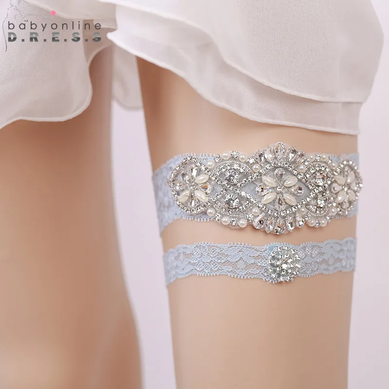 

2019 New Wedding Garters Rhinestone Beaded Blue Lace Sexy Garters 2pcs Set for Women Bridal Leg Garter Wedding Accessories