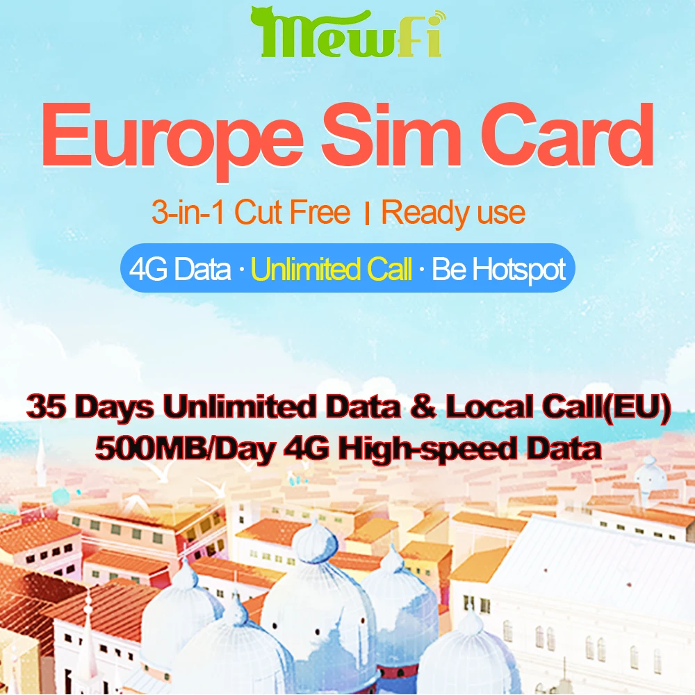 

Mewfi Europe Travel Sim Card 35 Days Unlimited Data+EU Call &SMS 500MB/Day 4G Data Prepaid Vodafone Triple Mobile Phone Sim Card