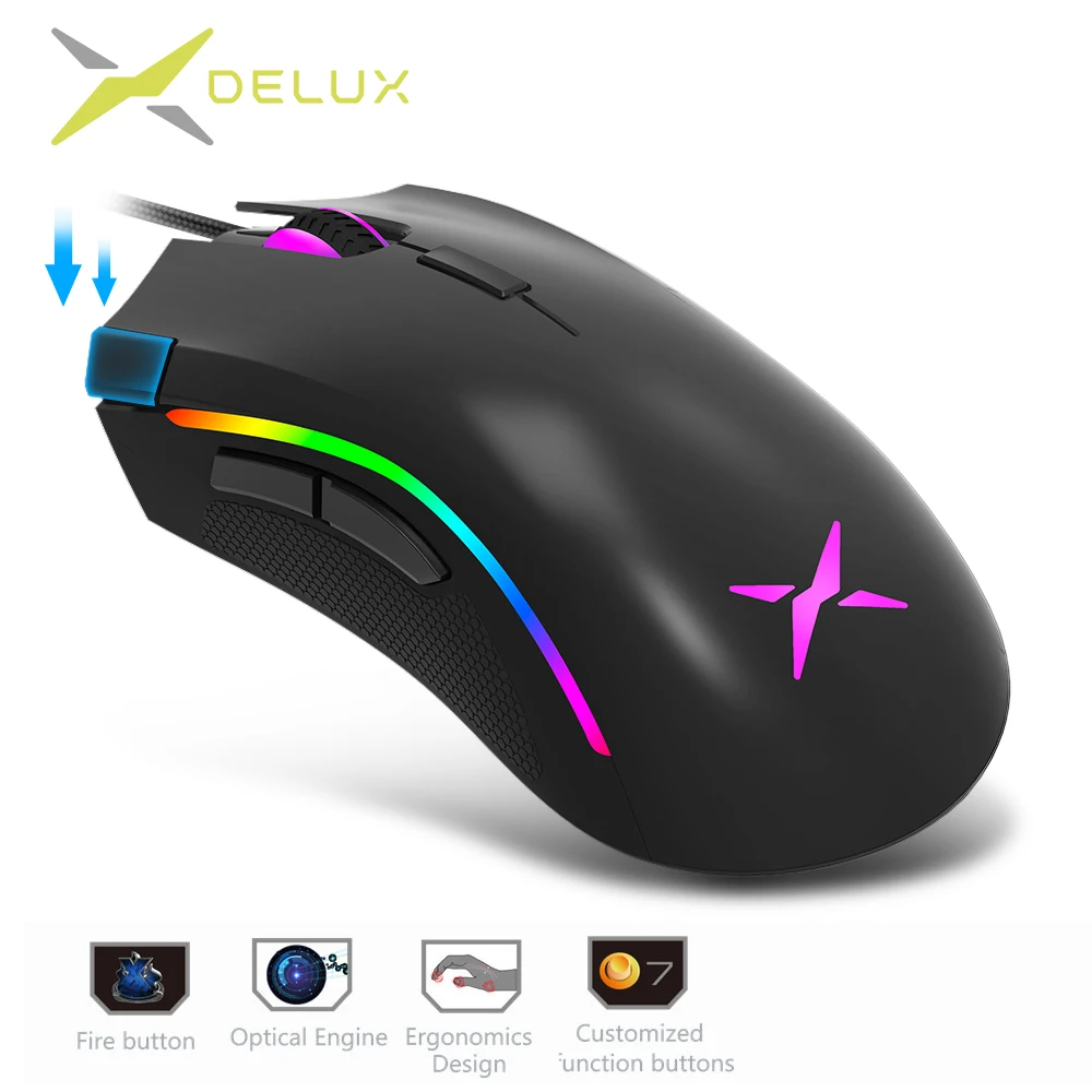 

Delux M625 RGB Backlight Gaming Mouse 12000 DPI 12000 FPS 7 Buttons Optical USB Wired Mice For LOL DOTA Game player PC Laptop