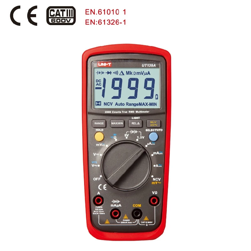 

UNI T UT139A True RMS Digital Multimeter Auto/Manual 2000 Count AC DC Volt Amp Ohm Metro VFC NCV Battery Tester LCD backlight