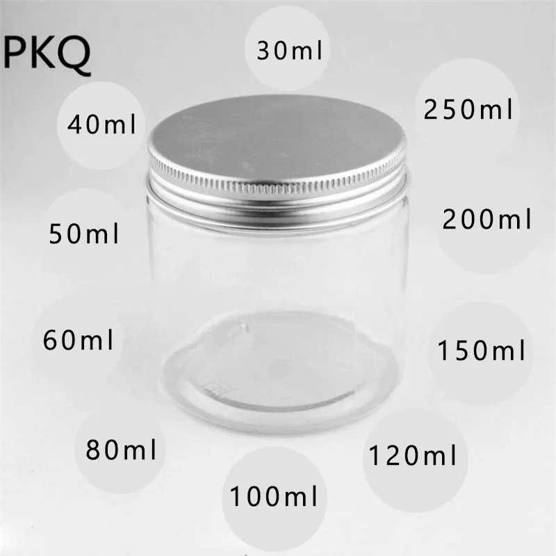

30g 40g 50g 60g 80g 100g 150g 200g 250g Clear PET Plastic Jar and Aluminum Lids Empty Cosmetic Containers Storage Bottles & Jars