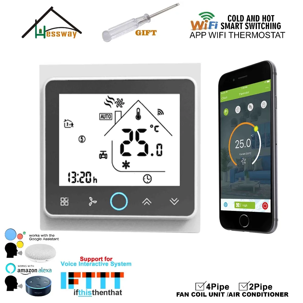 

HESSWAY TUYA APP smart fan coil WIFI thermostat 24VAC for 4pipe 2Pipe heat cool temp