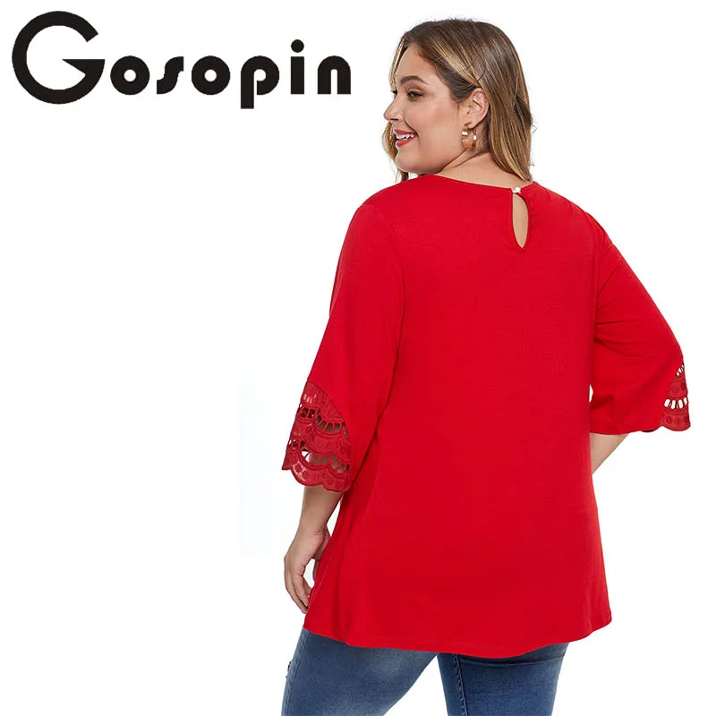 Gosopin плюс Размеры футболка женская летняя Осень Кружева V шеи модные пикантные