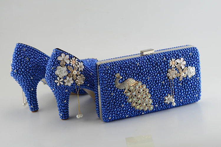 Новое поступление павлин королевские синие жемчужные бриллиантами туфли низкая обувь на высоком каблуке вечерние/свадебные туфли-лодочки на высоком каблуке модные стразы обувь для невесты для женщин