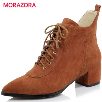 

MORAZORA 2018 new fashion kid suede leather boots autumn winter square heel med heel women boots popular pointed toe ankle boots
