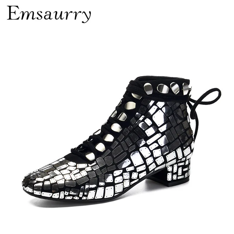

The New Chic Stone Grain Martin Boots Bling Silver Mirror Square Toe Lace Up Metal Decor Ankle Boots Woman