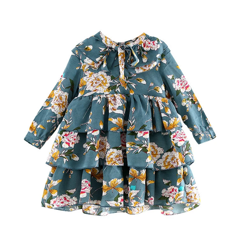 

cute green baby girls chiffon dress long sleeve autumn winter floral printing dresses for 2 - 6 yrs little girl princess costume
