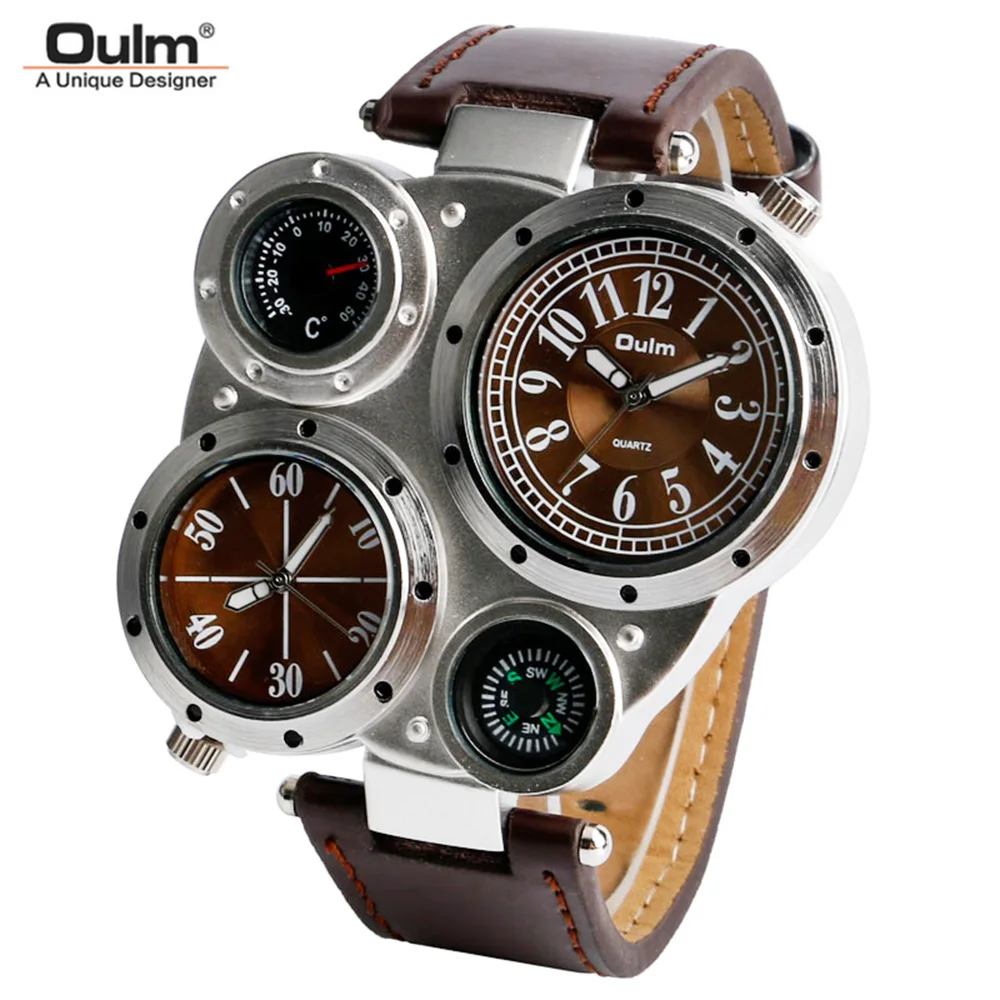 OULM военные кварцевые часы мужские Deco компасы Стильные армейские часы с кожаным ремешком спортивные современные мужские наручные часы с двойным движением t большие