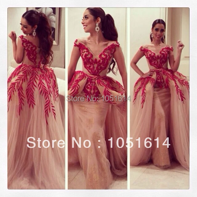 Luxury Kuwait Arabic Red Embroidered Appliqued Ball Gown Cap Sleeve V