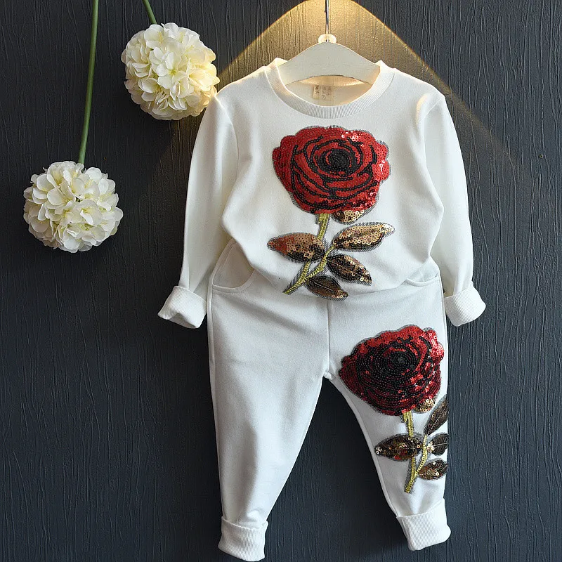  2018 Spring Girl Clothing Sets Rose Pattern Children casual kids sport suits Cartoon Printed kids casual sport suis 3-7Y Cloth