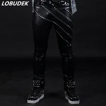 Мужской заклепки Pu кожаные штаны черный Повседневное кожаные длинные брюки для ночного клуба в стиле панк этап певица Рок Хип-хоп джаз костюм