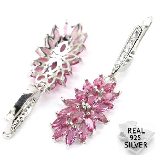 

5.4g Real 925 Solid Sterling Silver Deluxe Top Pink Tourmaline CZ Engagement, CZ Earrings 42x13mm