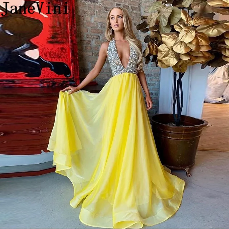 JaneVini пикантные желтые платья на выпускной 2019 сверкающие кристаллы Бисер глубоким v-образным вырезом Длинные вечернее платье с открытой