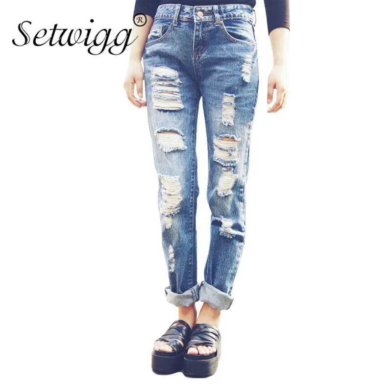 SETWIGG Womens Ripped Thick Cotton Denim Jeans Blue Washed