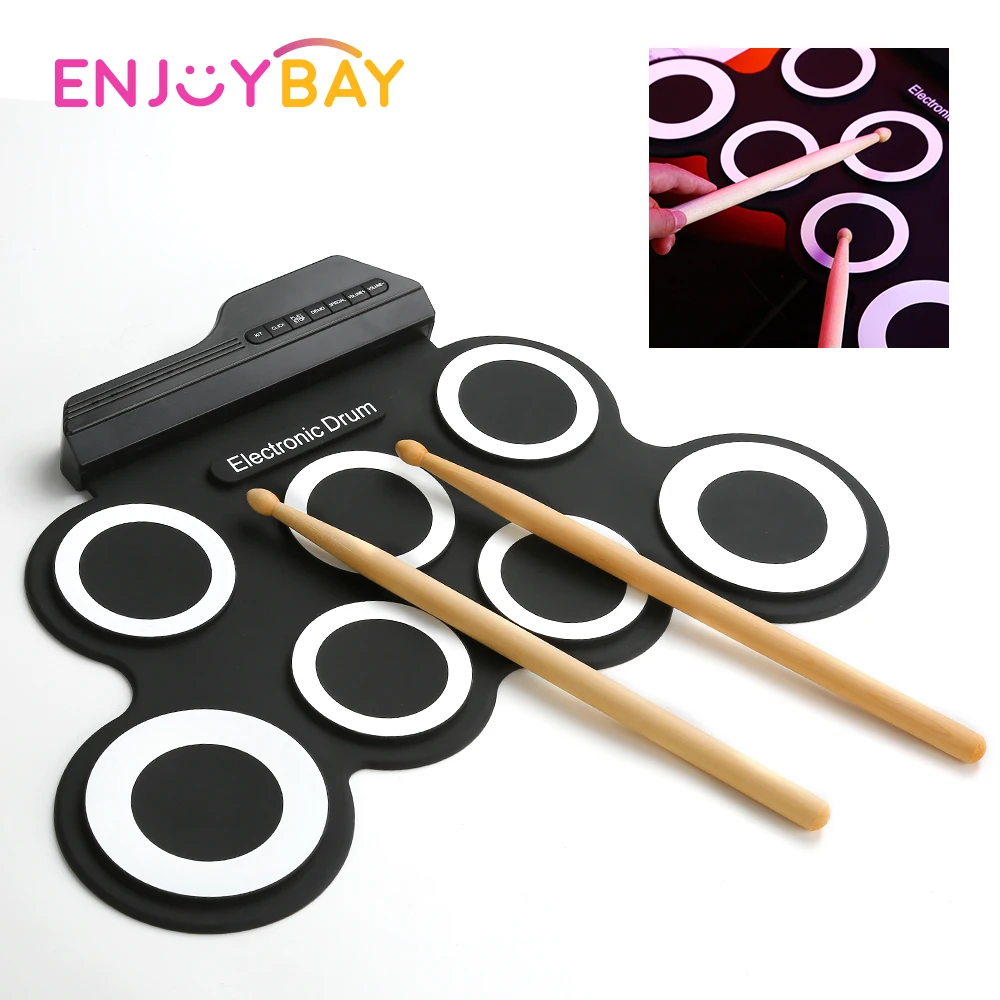 

Enjoybay Children Portable Electronic Drum Toy 7 Pads Silicone USB Electric Drum Set with DrumSticks Educational Toys for Kids
