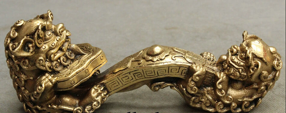 

zhaorui616++8" Folk Chinese Brass Wealth Lion PiXiu Statue FengShui JiXiang Wish Symbol RuYi