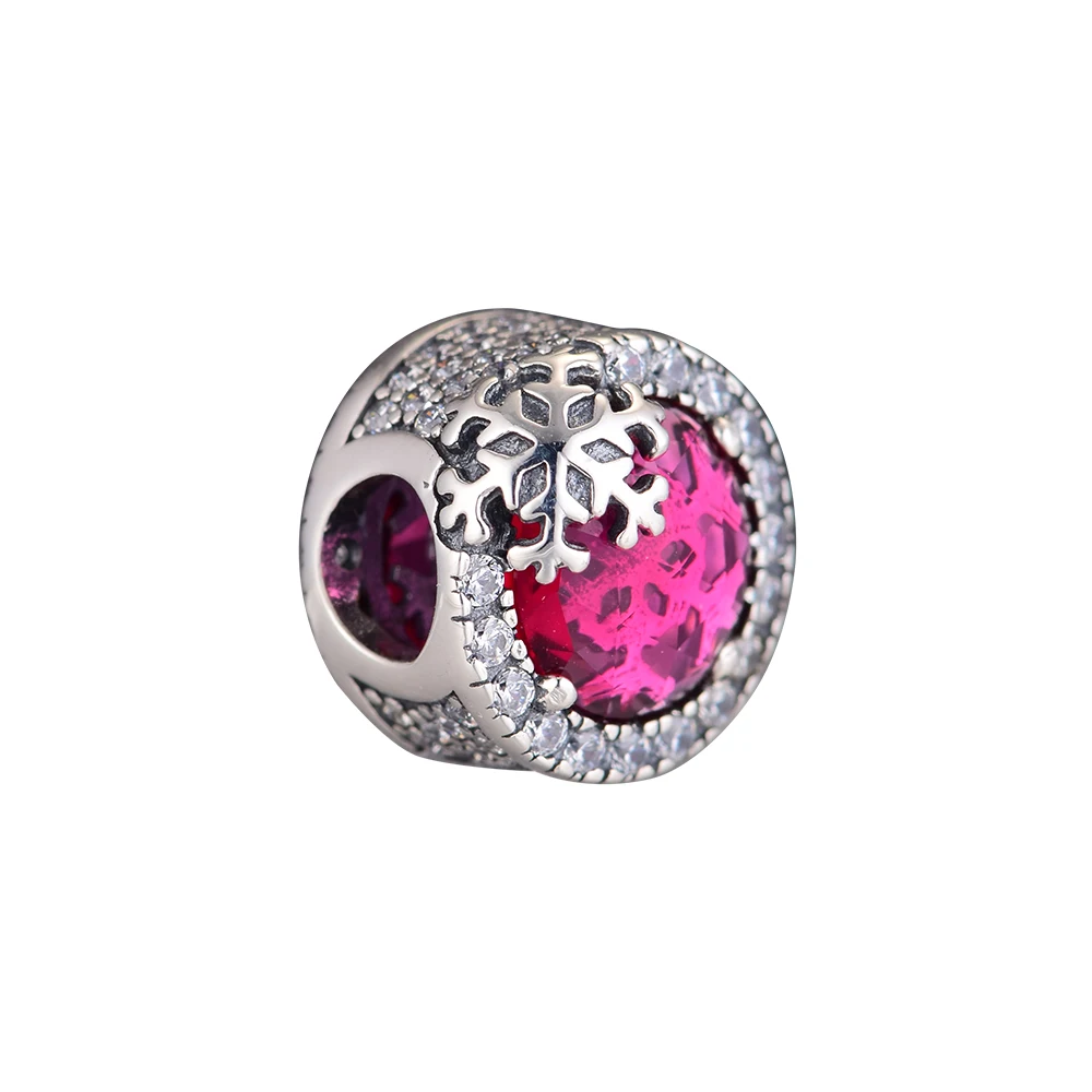 

100% 925 Sterling Silver Dazzling Snowflake Charm With Clear CZ & Cerise Crystal Fit Bracelets DIY Fine Jewelry YL883