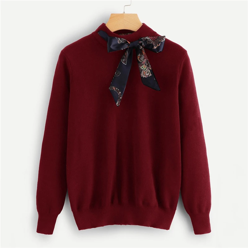 Sheinside, бордовый, осенний, однотонный, вязаный, украшение, свитера, мода, Женский пуловер с длинным рукавом, Повседневный, для девушек, джемпер, свитер