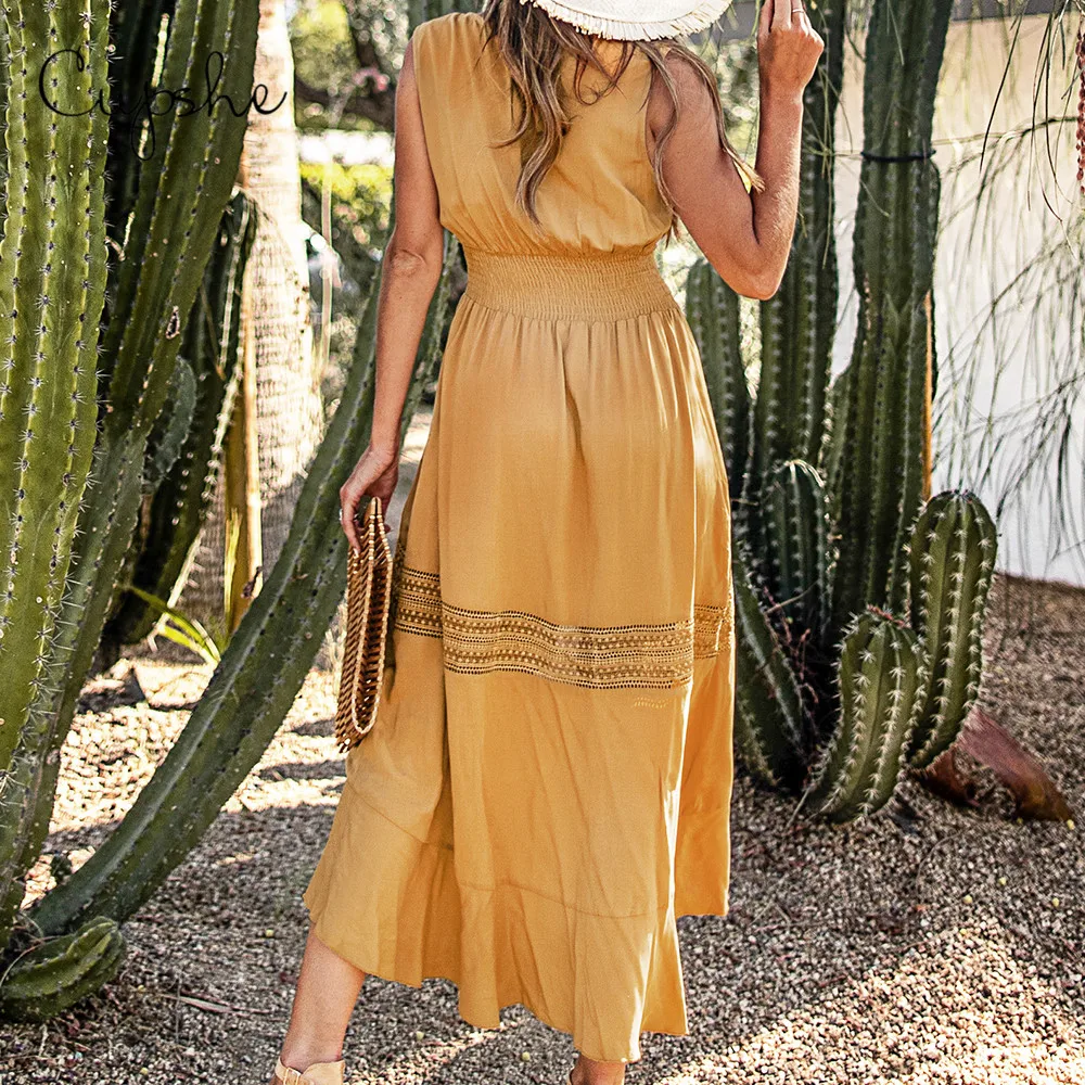 CUPSHE элегантное тонкое длинное платье макси с v-образным вырезом и пуговицами новое летнее пляжное желтое гофрированное платье-рубашка без рукавов Vestido