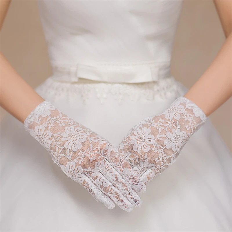New Bridal Gloves with Finger 2016 White Black Short Cheap Wedding Gloves for Prom Evening One Size Wrist Bridal Glove Accessory